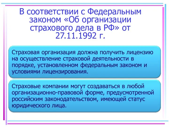 В соответствии с Федеральным законом «Об организации страхового дела в РФ» от 27.11.1992 г.