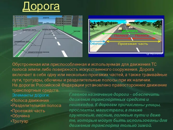 Дорога Обустроенная или приспособленная и используемая для движения ТС полоса земли