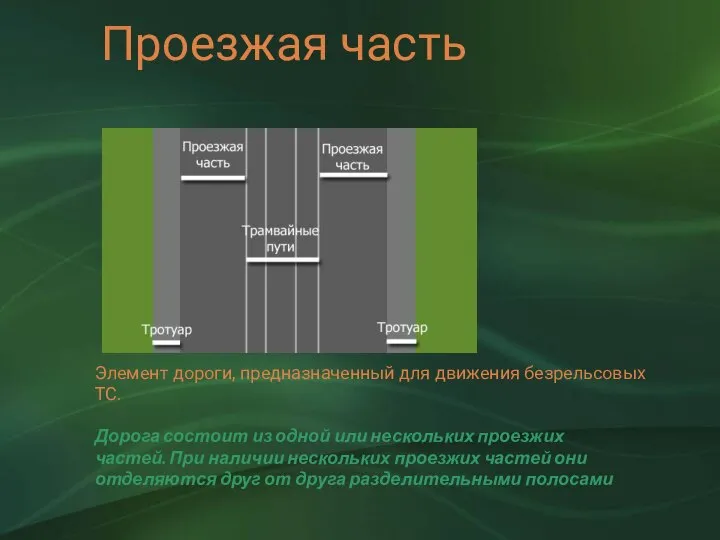 Проезжая часть Элемент дороги, предназначенный для движения безрельсовых ТС. Дорога состоит