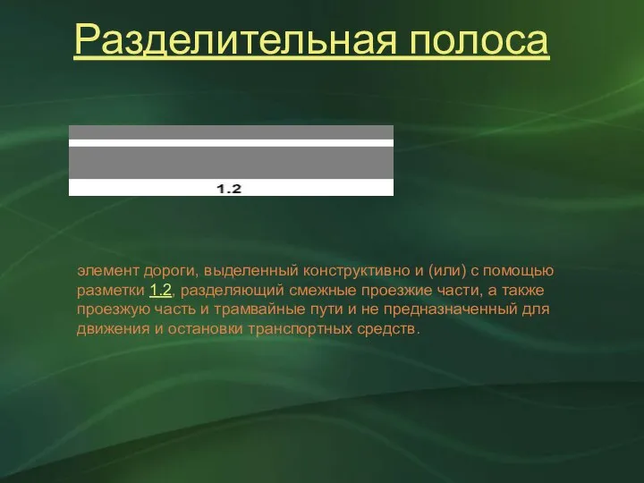 Разделительная полоса элемент дороги, выделенный конструктивно и (или) с помощью разметки