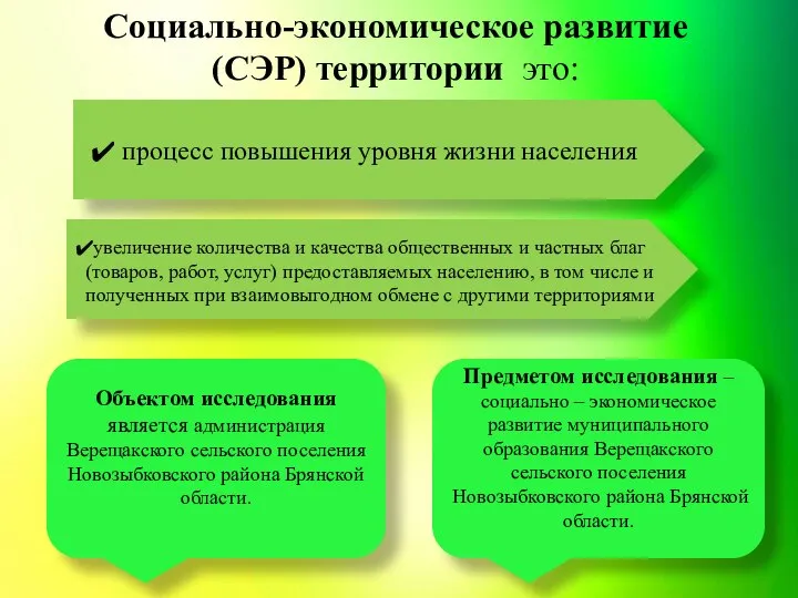 Социально-экономическое развитие (СЭР) территории это: Объектом исследования является администрация Верещакского сельского