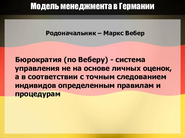 Модель менеджмента в Германии Родоначальник – Маркс Вебер Бюрократия (по Веберу)