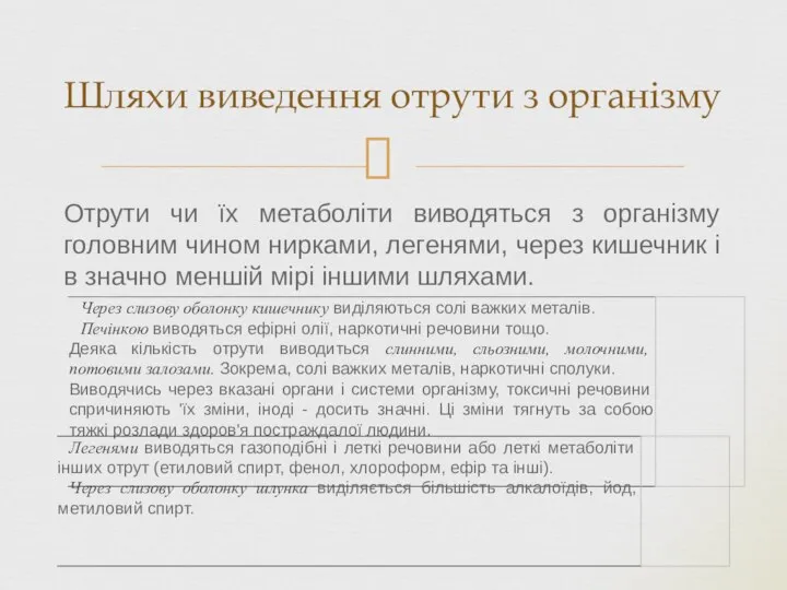 Отрути чи їх метаболіти виводяться з організму головним чином нирками, легенями,