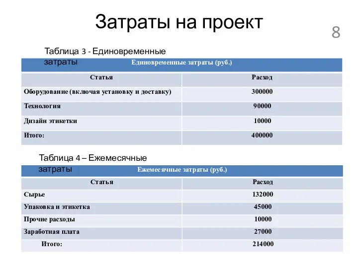 Затраты на проект Таблица 4 – Ежемесячные затраты Таблица 3 - Единовременные затраты