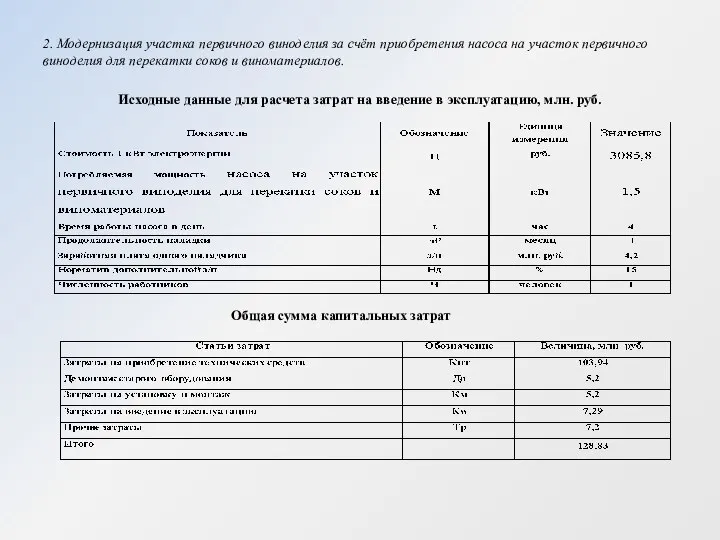 2. Модернизация участка первичного виноделия за счёт приобретения насоса на участок