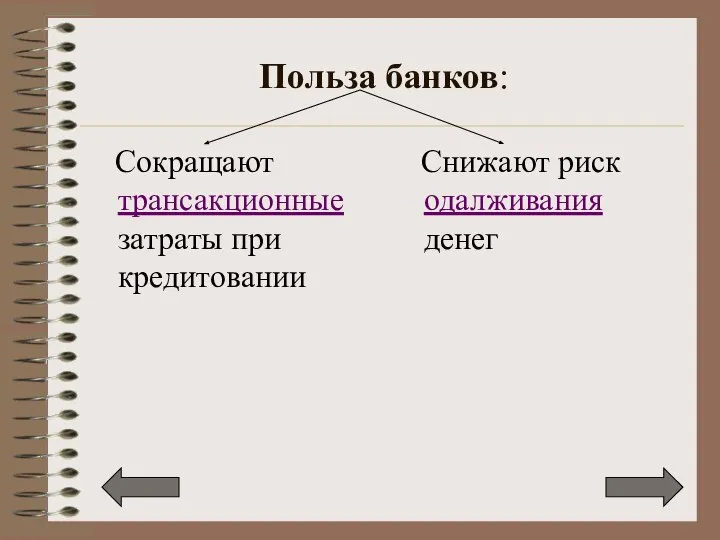 Польза банков: Сокращают трансакционные затраты при кредитовании Снижают риск одалживания денег