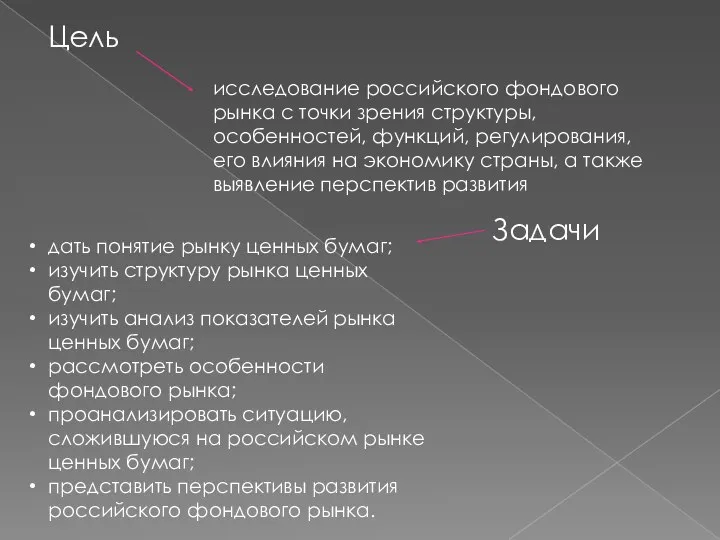 Цель исследование российского фондового рынка с точки зрения структуры, особенностей, функций,