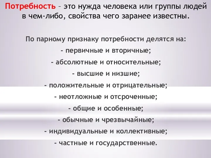 Потребность – это нужда человека или группы людей в чем-либо, свойства