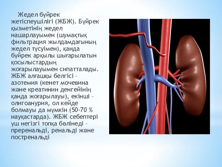 Жедел бүйрек жетіспеушілігі (ЖБЖ). Бүйрек қызметінің жедел нашарлауымен (шумақтық фильтрация жылдамдағының