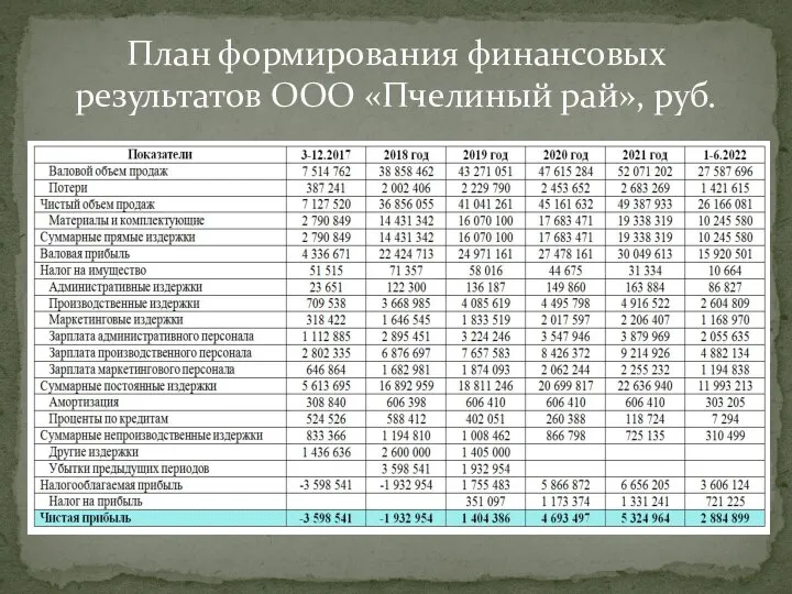 План формирования финансовых результатов ООО «Пчелиный рай», руб.