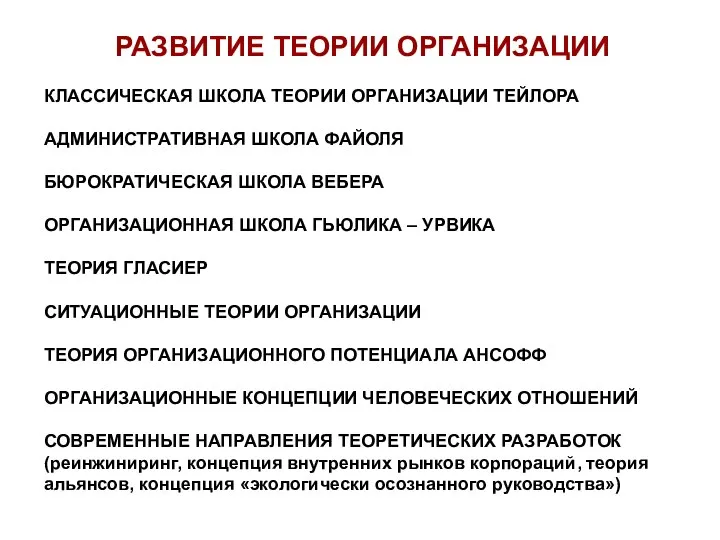 РАЗВИТИЕ ТЕОРИИ ОРГАНИЗАЦИИ КЛАССИЧЕСКАЯ ШКОЛА ТЕОРИИ ОРГАНИЗАЦИИ ТЕЙЛОРА АДМИНИСТРАТИВНАЯ ШКОЛА ФАЙОЛЯ