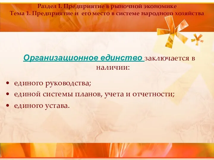 Организационное единство заключается в наличии: единого руководства; единой системы планов, учета