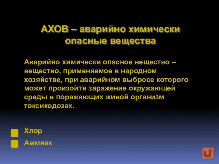 АХОВ – аварийно химически опасные вещества Аварийно химически опасное вещество –