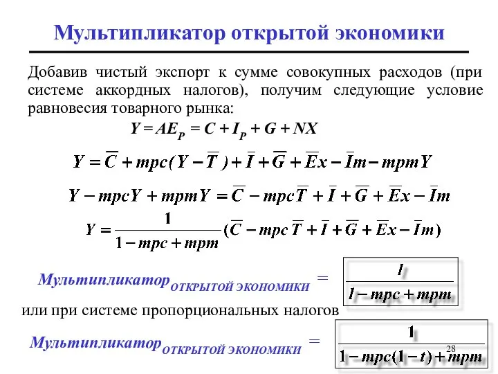 Мультипликатор открытой экономики Добавив чистый экспорт к сумме совокупных расходов (при