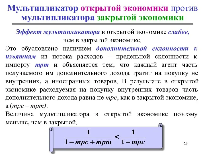 Мультипликатор открытой экономики против мультипликатора закрытой экономики Эффект мультипликатора в открытой