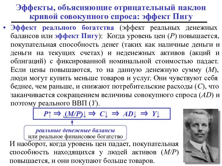 Эффекты, объясняющие отрицательный наклон кривой совокупного спроса: эффект Пигу Эффект реального