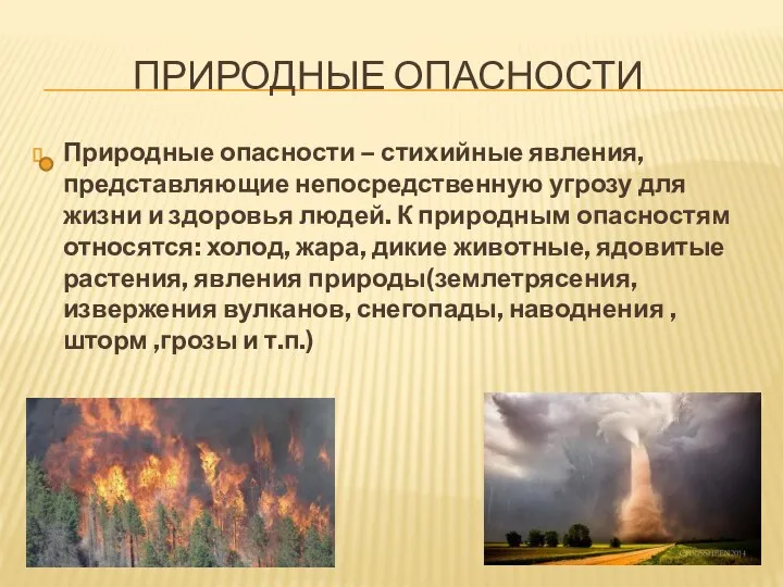 ПРИРОДНЫЕ ОПАСНОСТИ Природные опасности – стихийные явления, представляющие непосредственную угрозу для