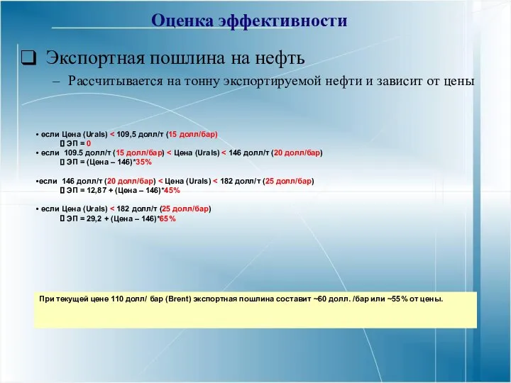 Экспортная пошлина на нефть Рассчитывается на тонну экспортируемой нефти и зависит