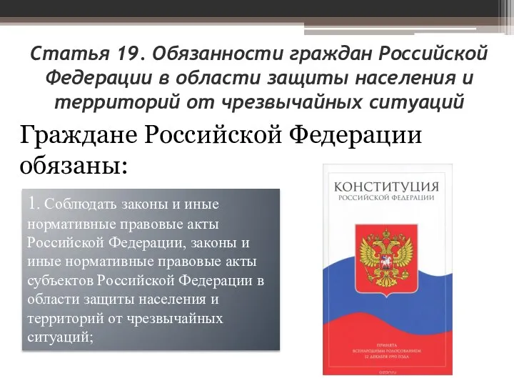 1. Соблюдать законы и иные нормативные правовые акты Российской Федерации, законы