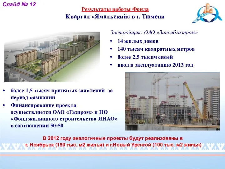 Слайд № 12 Результаты работы Фонда Квартал «Ямальский» в г. Тюмени