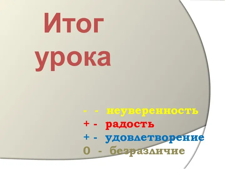 - - неуверенность + - радость + - удовлетворение 0 - безразличие Итог урока