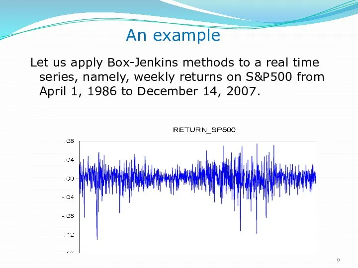 An example Let us apply Box-Jenkins methods to a real time