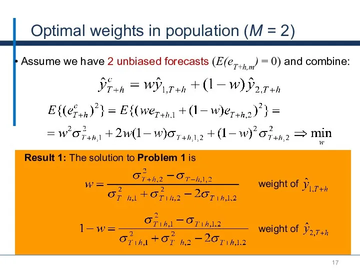 Optimal weights in population (M = 2) Result 1: The solution