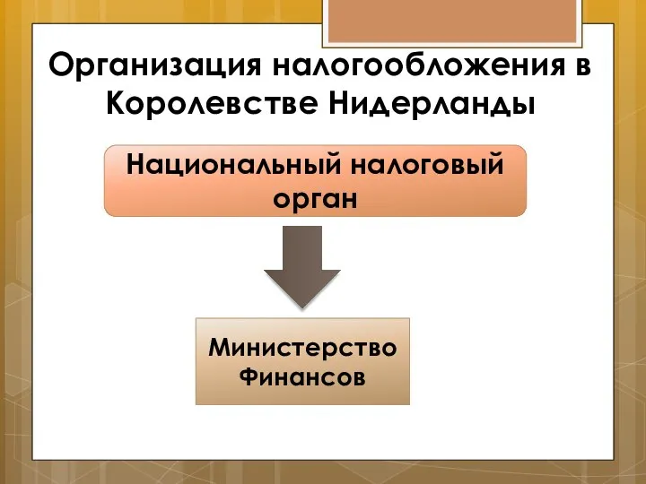 Организация налогообложения в Королевстве Нидерланды Национальный налоговый орган Министерство Финансов