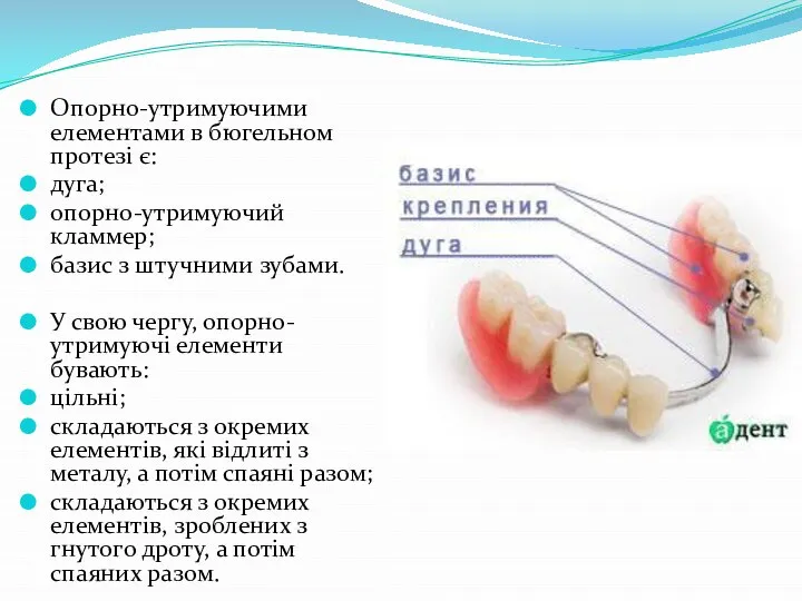 Опорно-утримуючими елементами в бюгельном протезі є: дуга; опорно-утримуючий кламмер; базис з