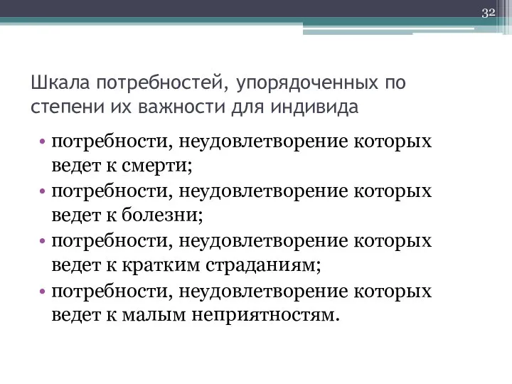 Шкала потребностей, упорядоченных по степени их важности для индивида потребности, неудовлетворение