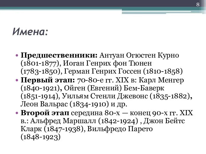 Имена: Предшественники: Антуан Огюстен Курно (1801-1877), Иоган Генрих фон Тюнен (1783-1850),