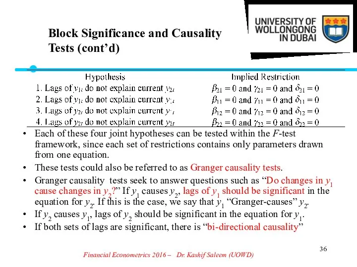 Financial Econometrics 2016 – Dr. Kashif Saleem (UOWD) Block Significance and