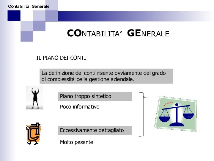 CONTABILITA’ GENERALE IL PIANO DEI CONTI La definizione dei conti risente