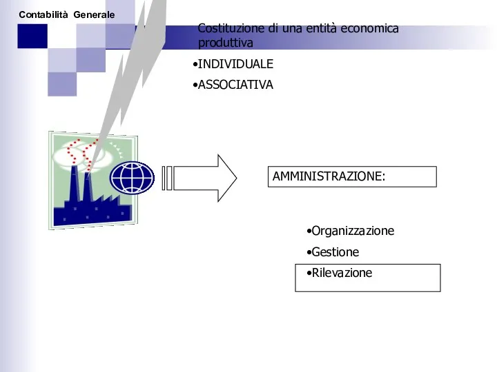 Costituzione di una entità economica produttiva INDIVIDUALE ASSOCIATIVA AMMINISTRAZIONE: Organizzazione Gestione Rilevazione