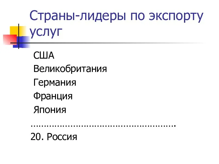 Страны-лидеры по экспорту услуг США Великобритания Германия Франция Япония ………………………………………………. 20. Россия