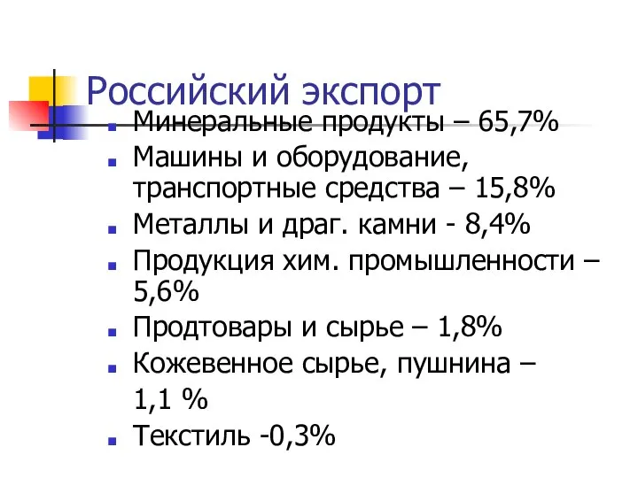 Российский экспорт Минеральные продукты – 65,7% Машины и оборудование, транспортные средства