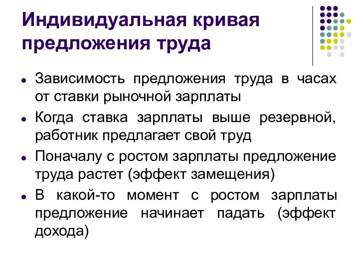 Индивидуальная кривая предложения труда Зависимость предложения труда в часах от ставки