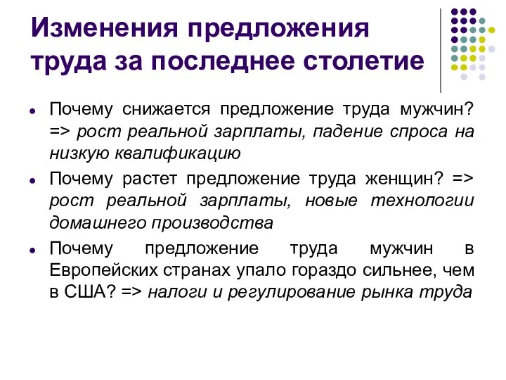 Изменения предложения труда за последнее столетие Почему снижается предложение труда мужчин?