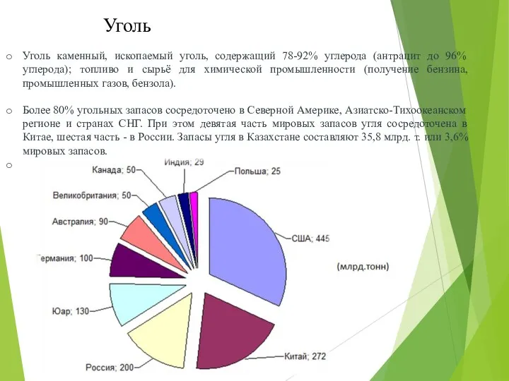 Уголь каменный, ископаемый уголь, содержащий 78-92% углерода (антрацит до 96% углерода);