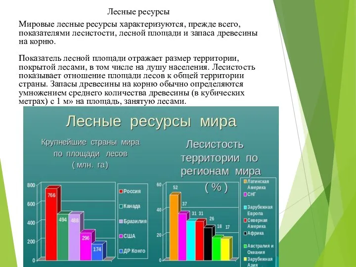 Мировые лесные ресурсы характеризуются, прежде всего, показателями лесистости, лесной площади и