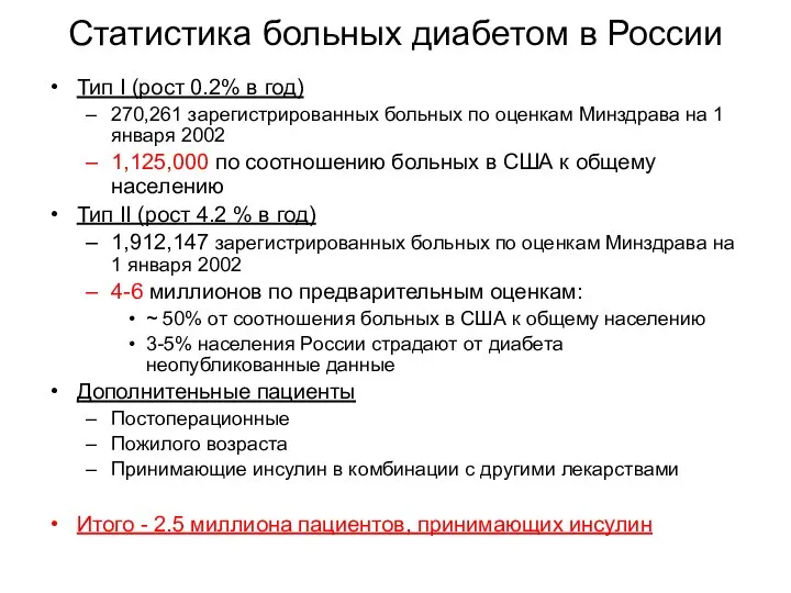 Статистика больных диабетом в России Тип I (рост 0.2% в год)