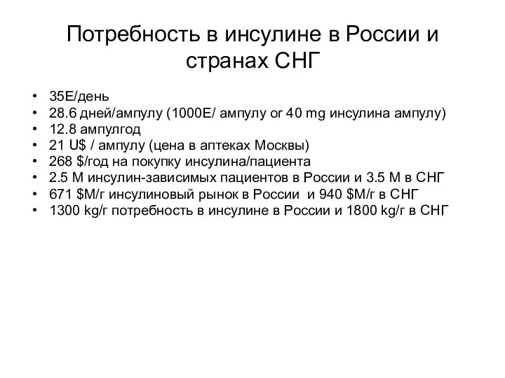 Потребность в инсулине в России и странах СНГ 35E/день 28.6 дней/ампулу