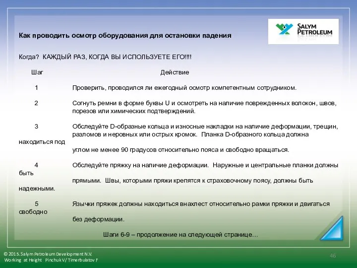 Как проводить осмотр оборудования для остановки падения Когда? КАЖДЫЙ РАЗ, КОГДА