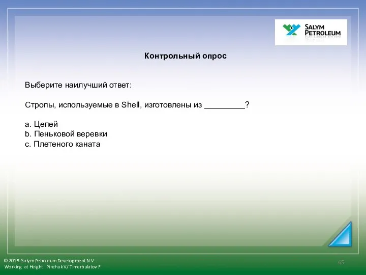 Контрольный опрос Выберите наилучший ответ: Стропы, используемые в Shell, изготовлены из