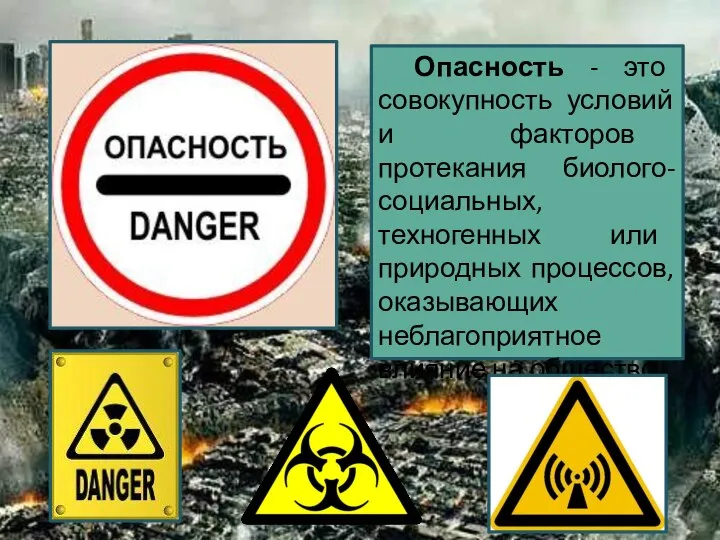 Опасность - это совокупность условий и факторов протекания биолого-социальных, техногенных или