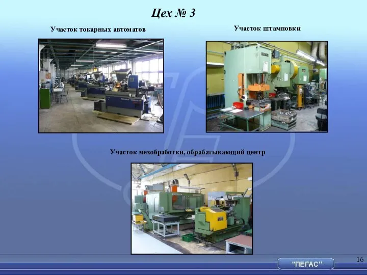 Участок токарных автоматов Участок мехобработки, обрабатывающий центр Участок штамповки Цех № 3