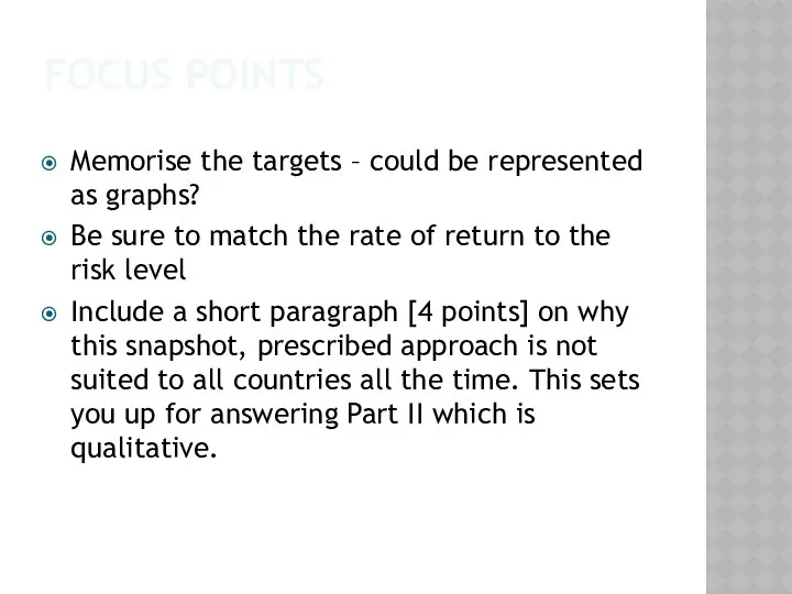 FOCUS POINTS Memorise the targets – could be represented as graphs?