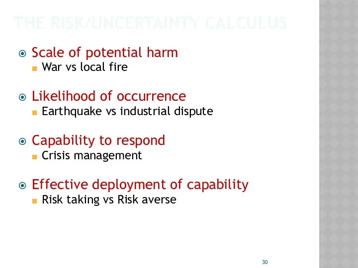 THE RISK/UNCERTAINTY CALCULUS Scale of potential harm War vs local fire