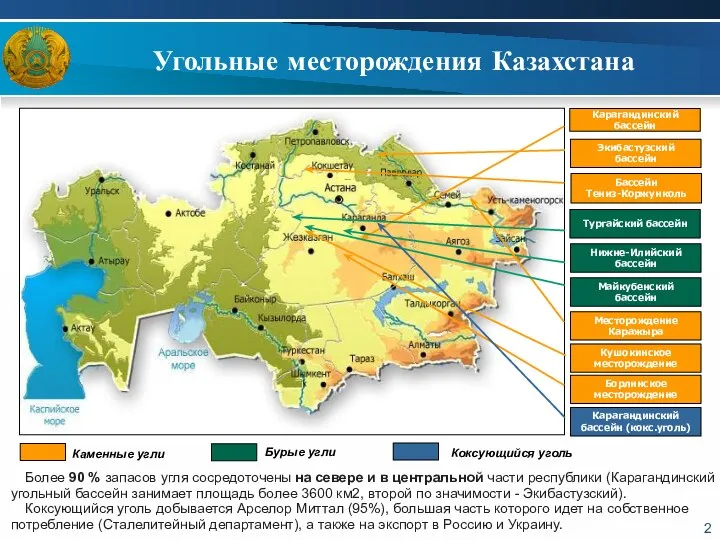 Угольные месторождения Казахстана Карагандинский бассейн Экибастузский бассейн Нижне-Илийский бассейн Тургайский бассейн