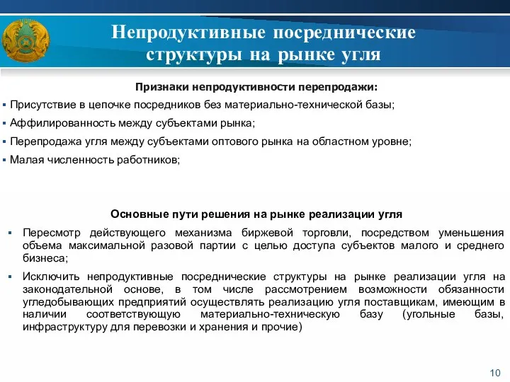 Непродуктивные посреднические структуры на рынке угля Признаки непродуктивности перепродажи: Присутствие в